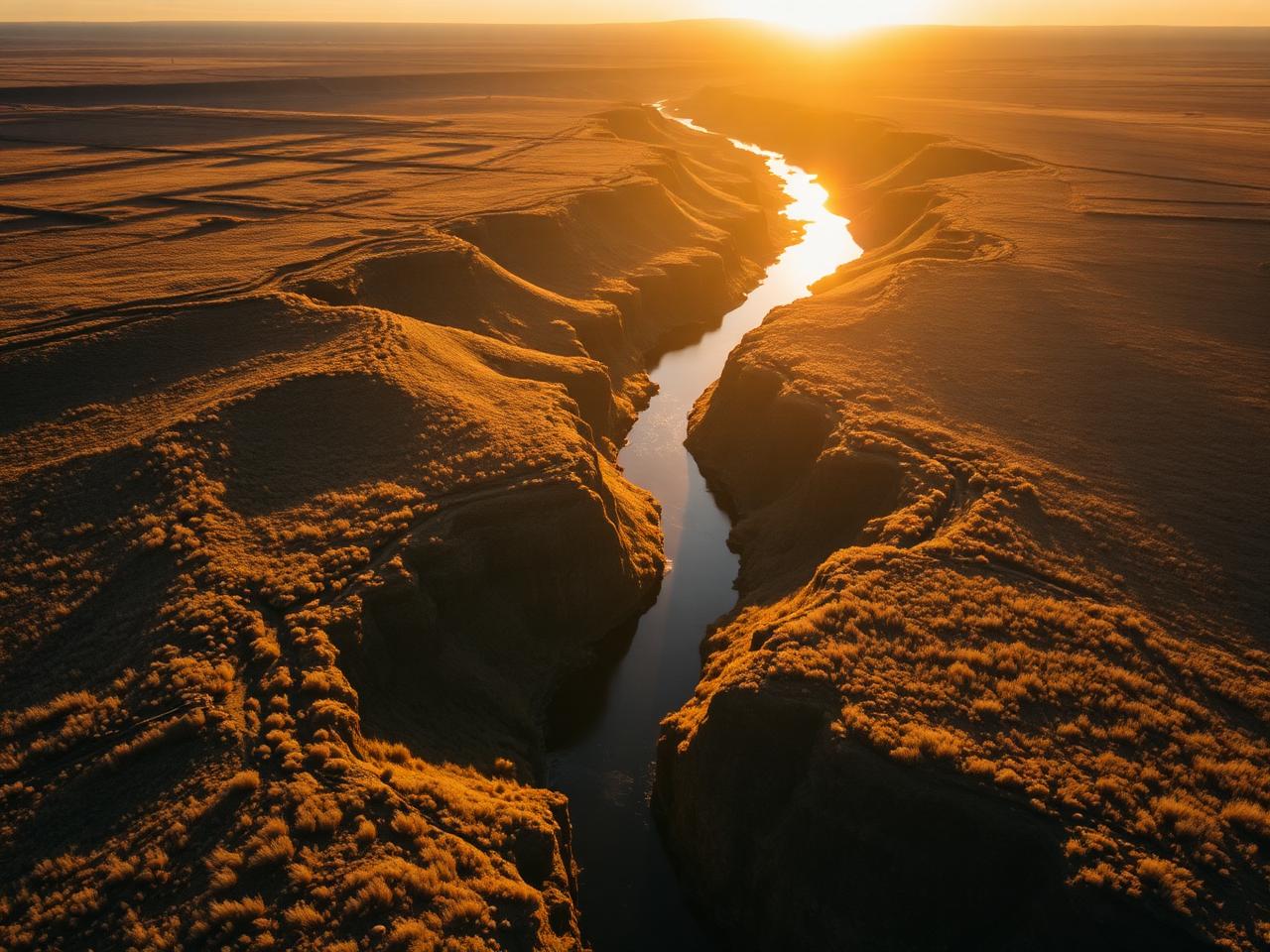 Aerial view of a river canyon at sunset