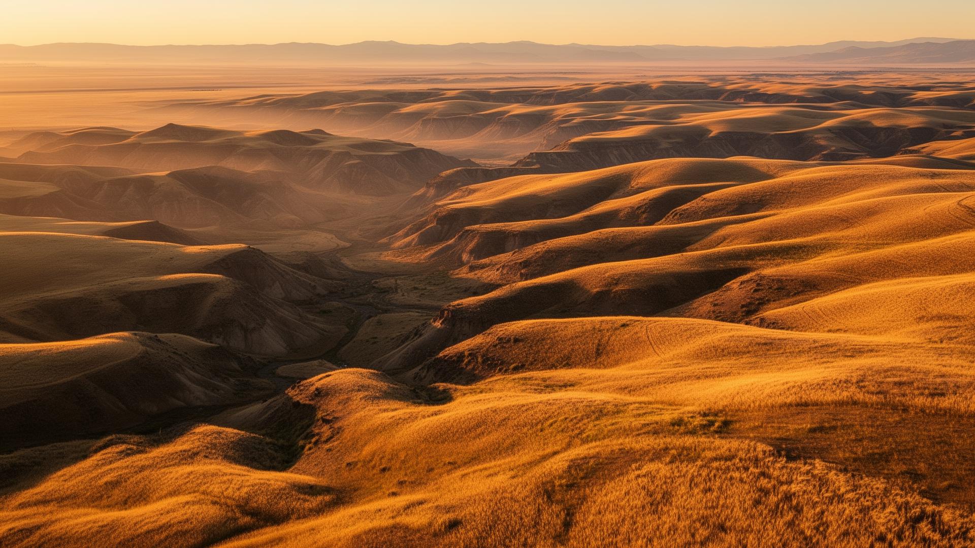 Aerial view of golden Columbia Basin hills at sunset