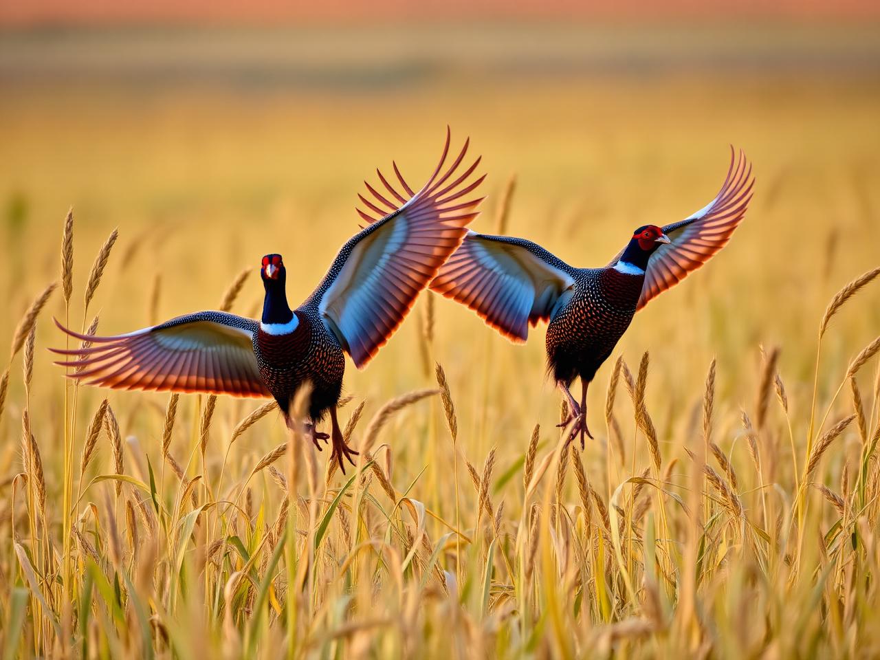 Pheasants flushing from wheat grass